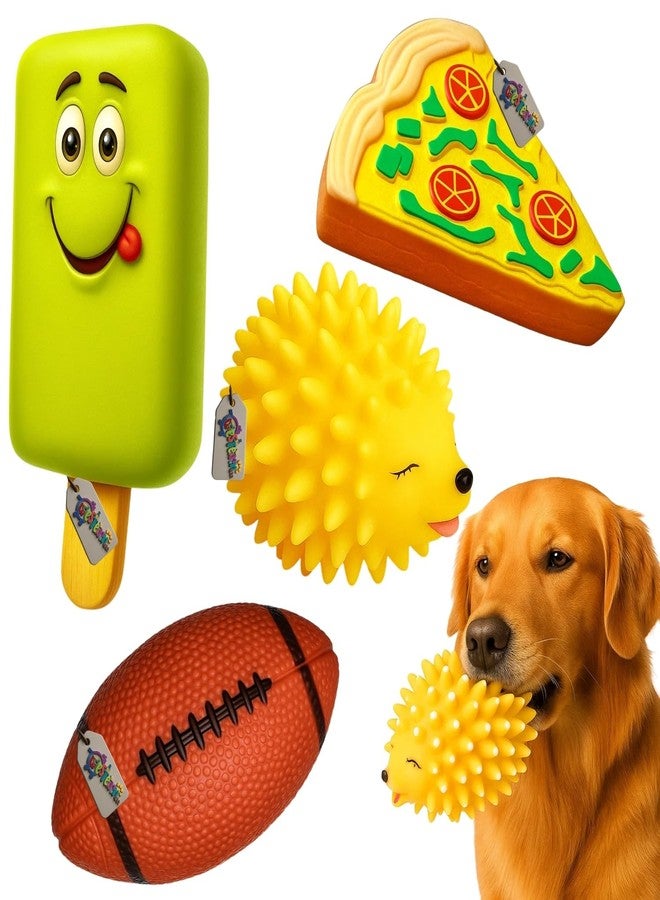 Western Era Squeaky Dog Toys Combo | Rugby Ball, Ice Cream Smiley, Pizza Slice & Porcupine | Durable Rubber Chew Toys for Puppies & Dogs | Soft, Fun & Interactive Sound Toys | Indoor Outdoor Play - Image 1